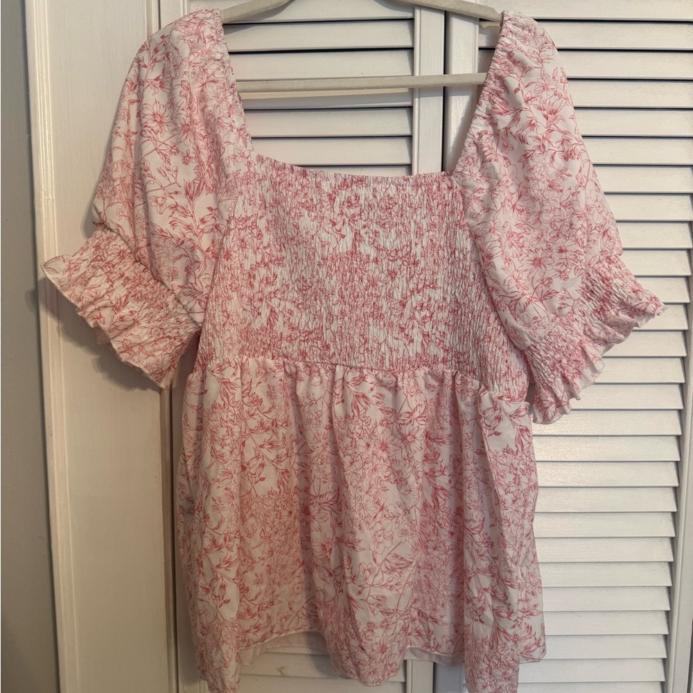 SHEIN Pink Floral Smocked Blouse